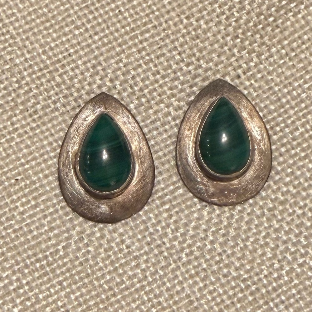 Oxidized Sterling Teardrop Green Stone Stud Earrings